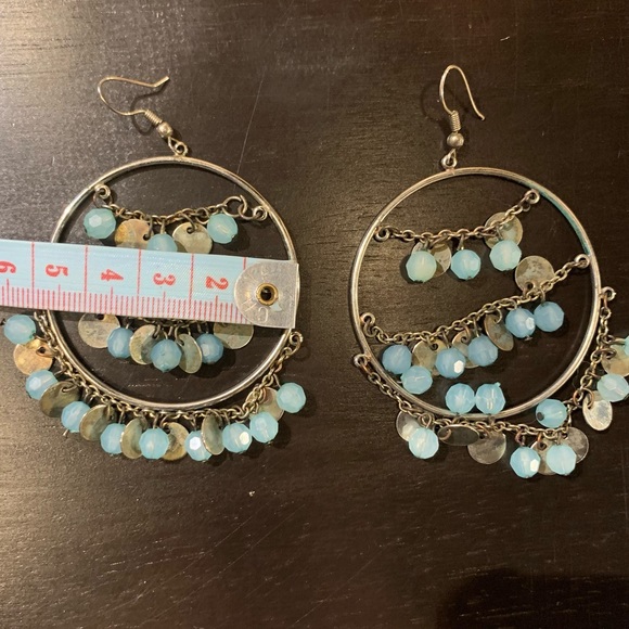 Silver Hoop Earrings w/ Blue Beads Hanging Off Them - Picture 4 of 4